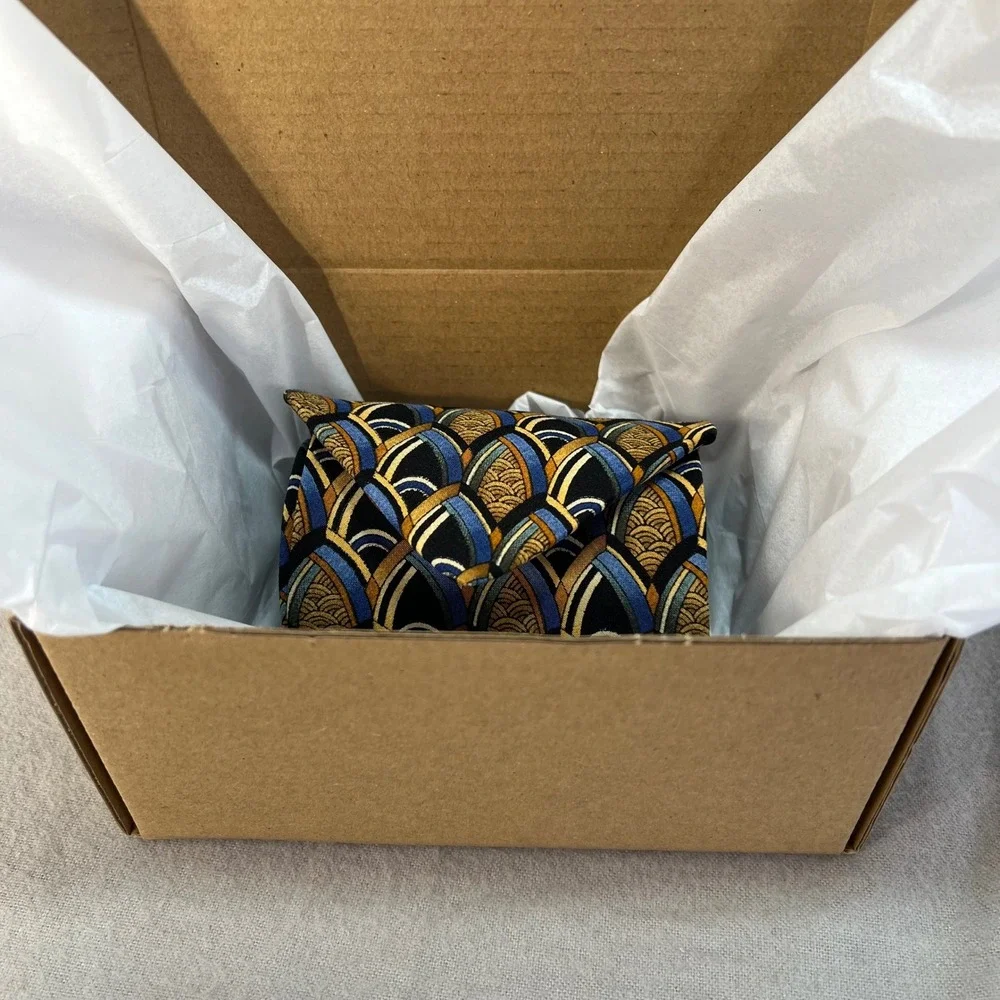 J. Garcia Art-Inspired Silk Tie Blue Gold Geometric Pattern 90s Abstract 3.75x59